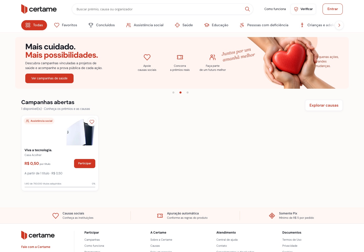 Página inicial da Certame com busca, filtros por causa, banner e o cartão de uma campanha aberta.
