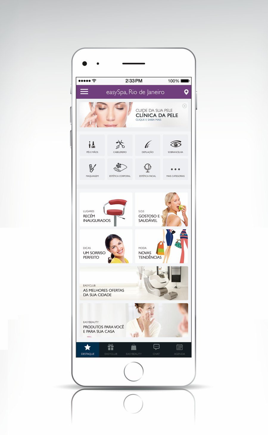 Tela principal do app EasySPA com categorias de serviço, destaques e menu inferior com EasyClub, EasyBeauty, Chat e Agenda