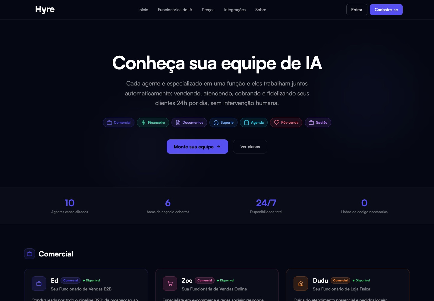 Página pública da Hyre que apresenta a equipe de agentes de IA por área: comercial, financeiro, documentos, suporte, agenda, pós-venda e gestão.