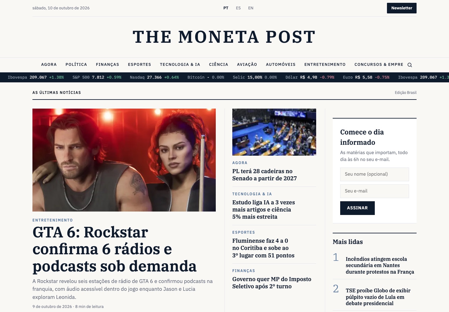 Página inicial da edição Brasil do The Moneta Post, com seletor de idioma PT/ES/EN, menu de editorias, faixa de cotações e destaques do dia