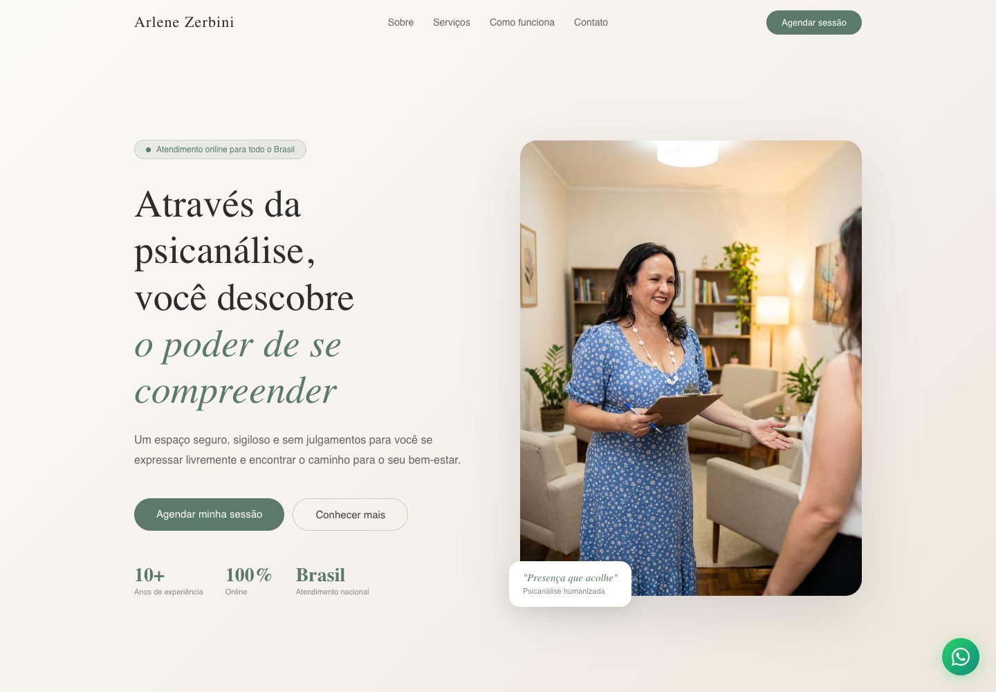 Página inicial do site de Arlene Zerbini com o título sobre o poder de se compreender pela psicanálise, botão de agendamento e foto da profissional.