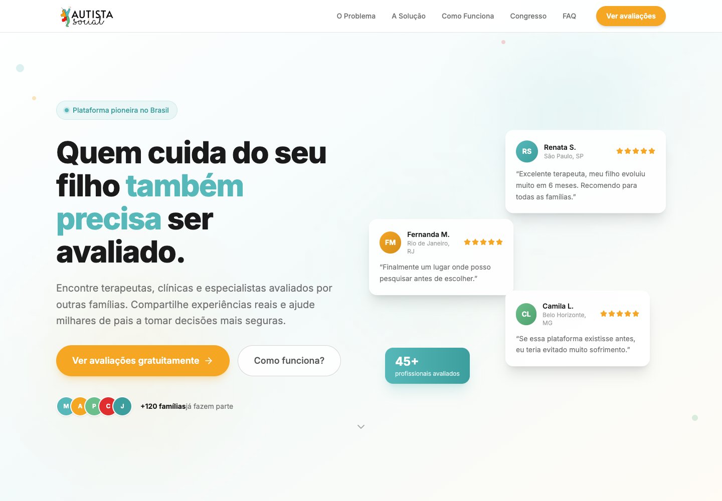 Página inicial da Autista Social com o título Quem cuida do seu filho também precisa ser avaliado, botões Ver avaliações gratuitamente e Como funciona e cartões de depoimentos com notas em estrelas.