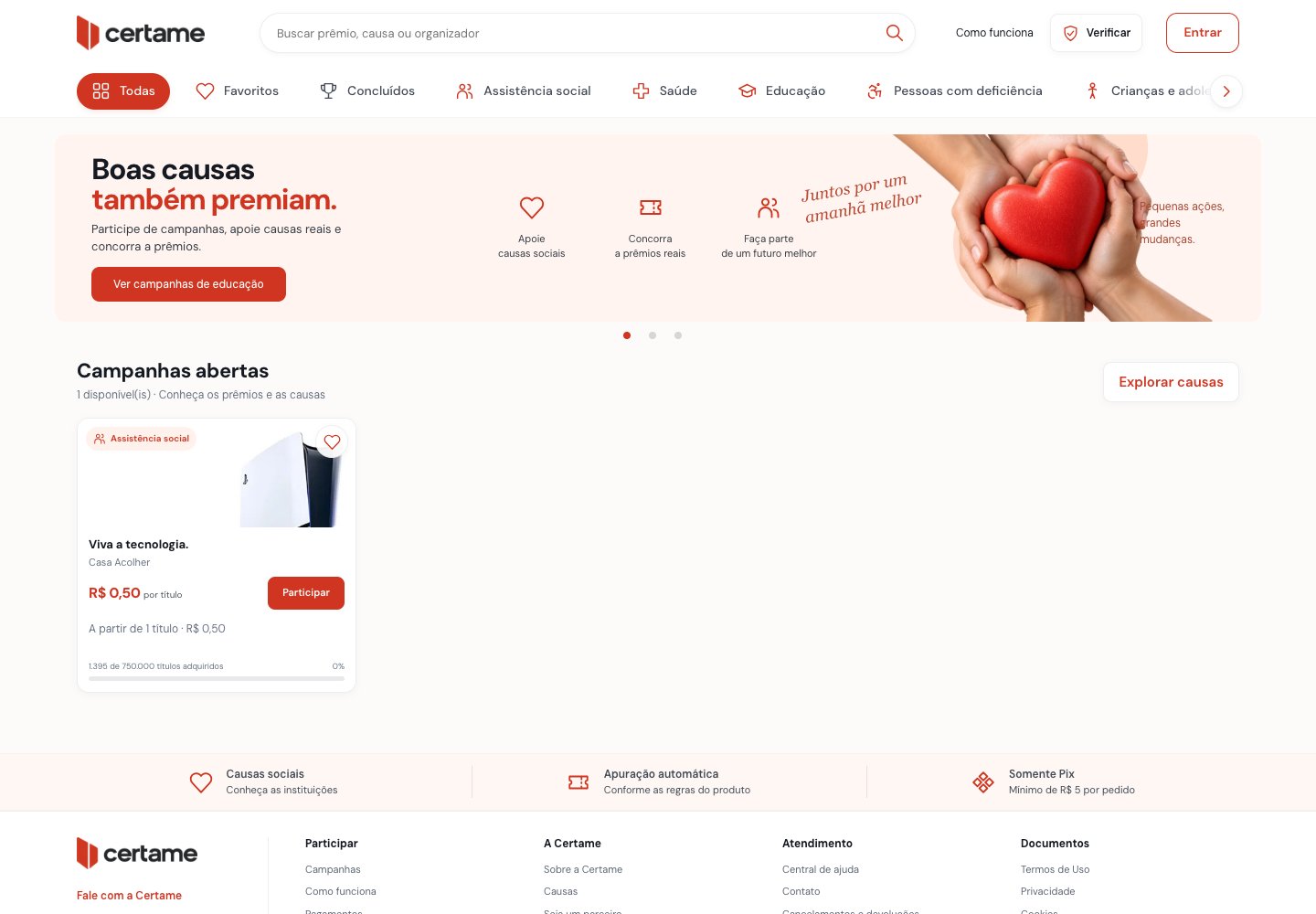 Página pública da Certame, projeto de campanhas beneficentes
