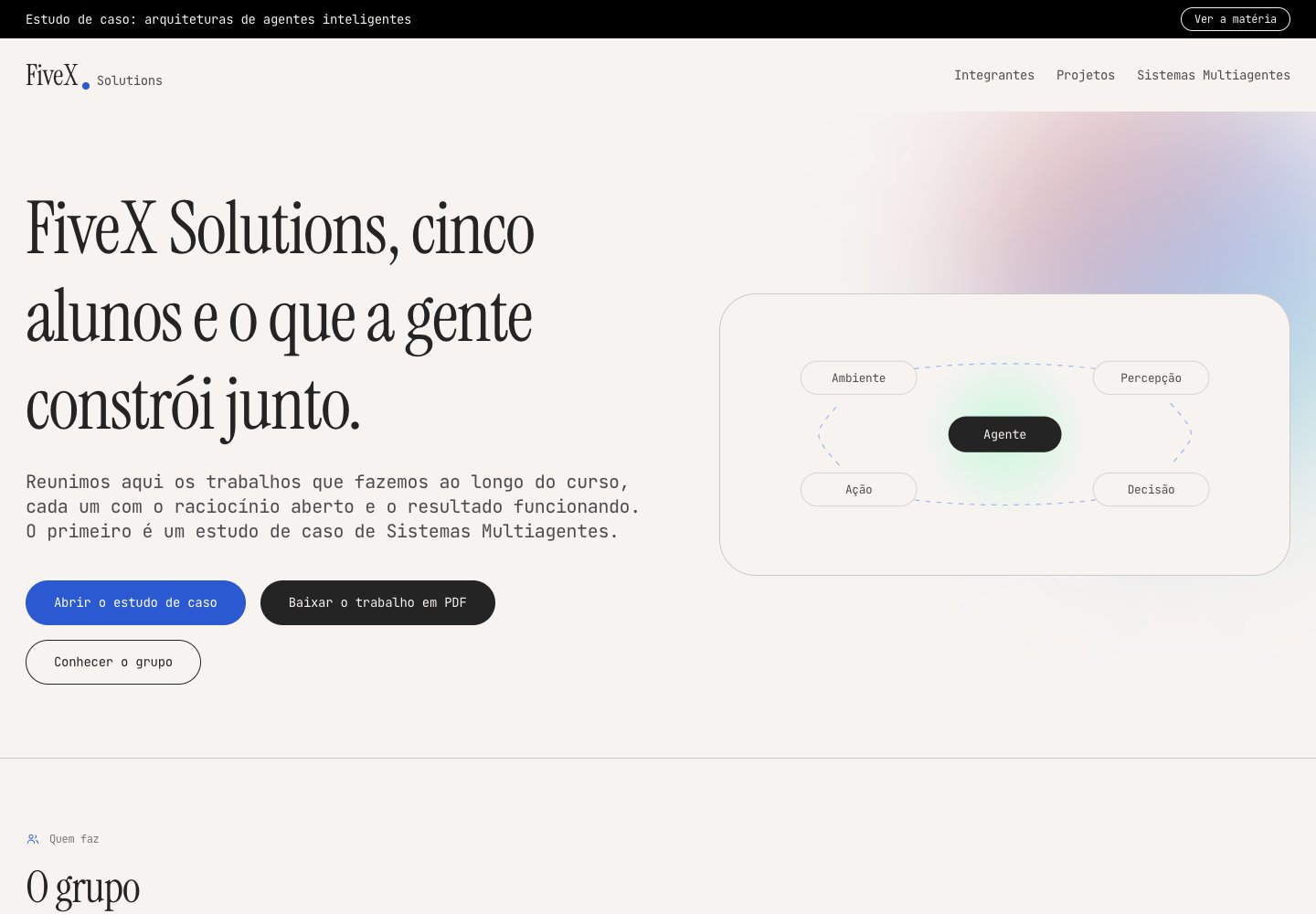 Página inicial do site FiveX Solutions, com título sobre os cinco alunos do grupo, botões para o estudo de caso e para o PDF