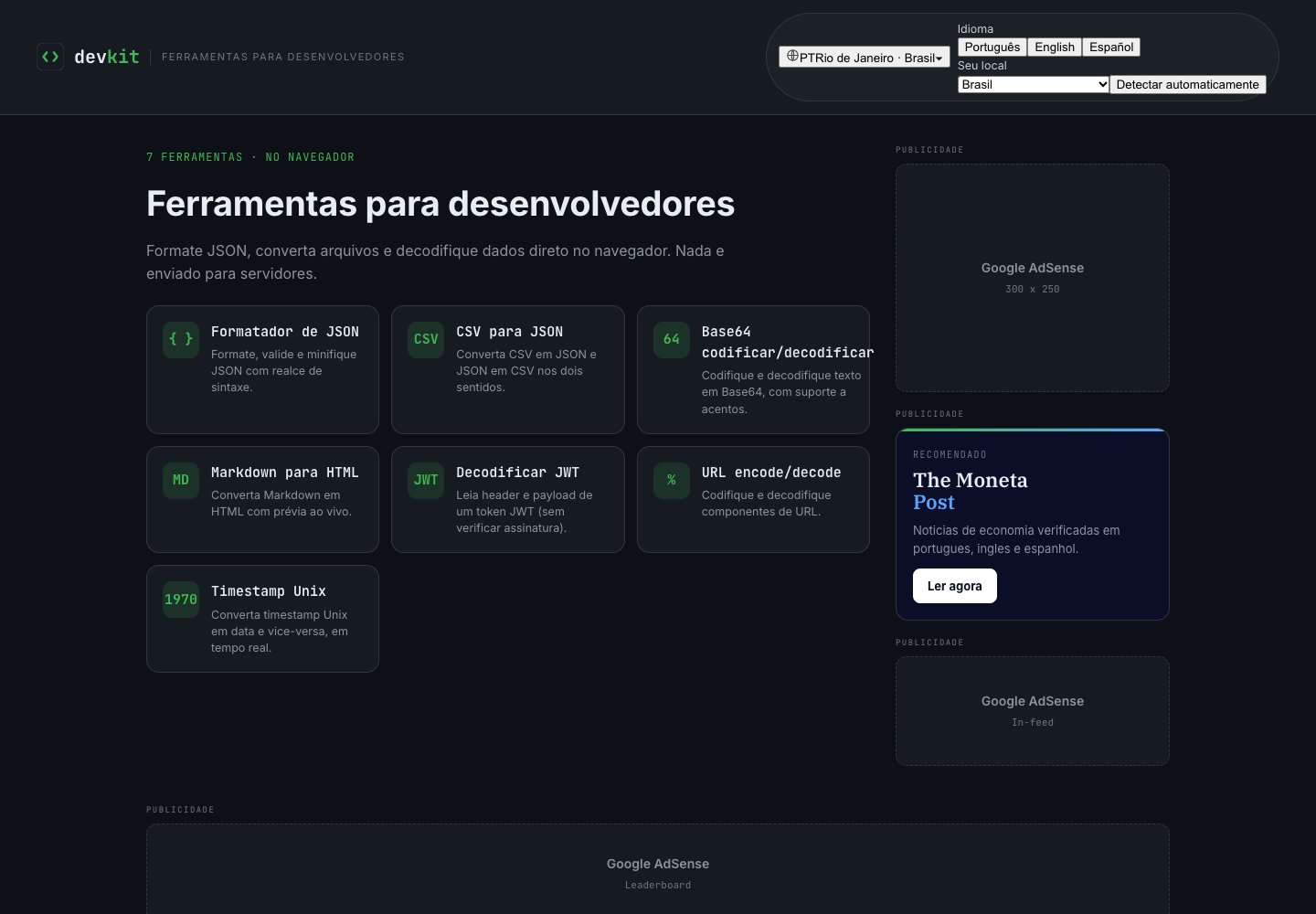 Página inicial do Devkit em tema escuro, com os cartões das sete ferramentas e espaços reservados para anúncios na lateral.