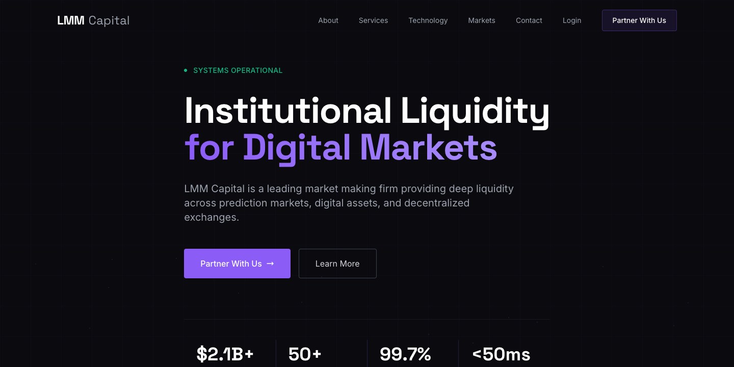 Página institucional da LMM Capital, em fundo escuro com detalhes em roxo e título sobre liquidez institucional para mercados digitais