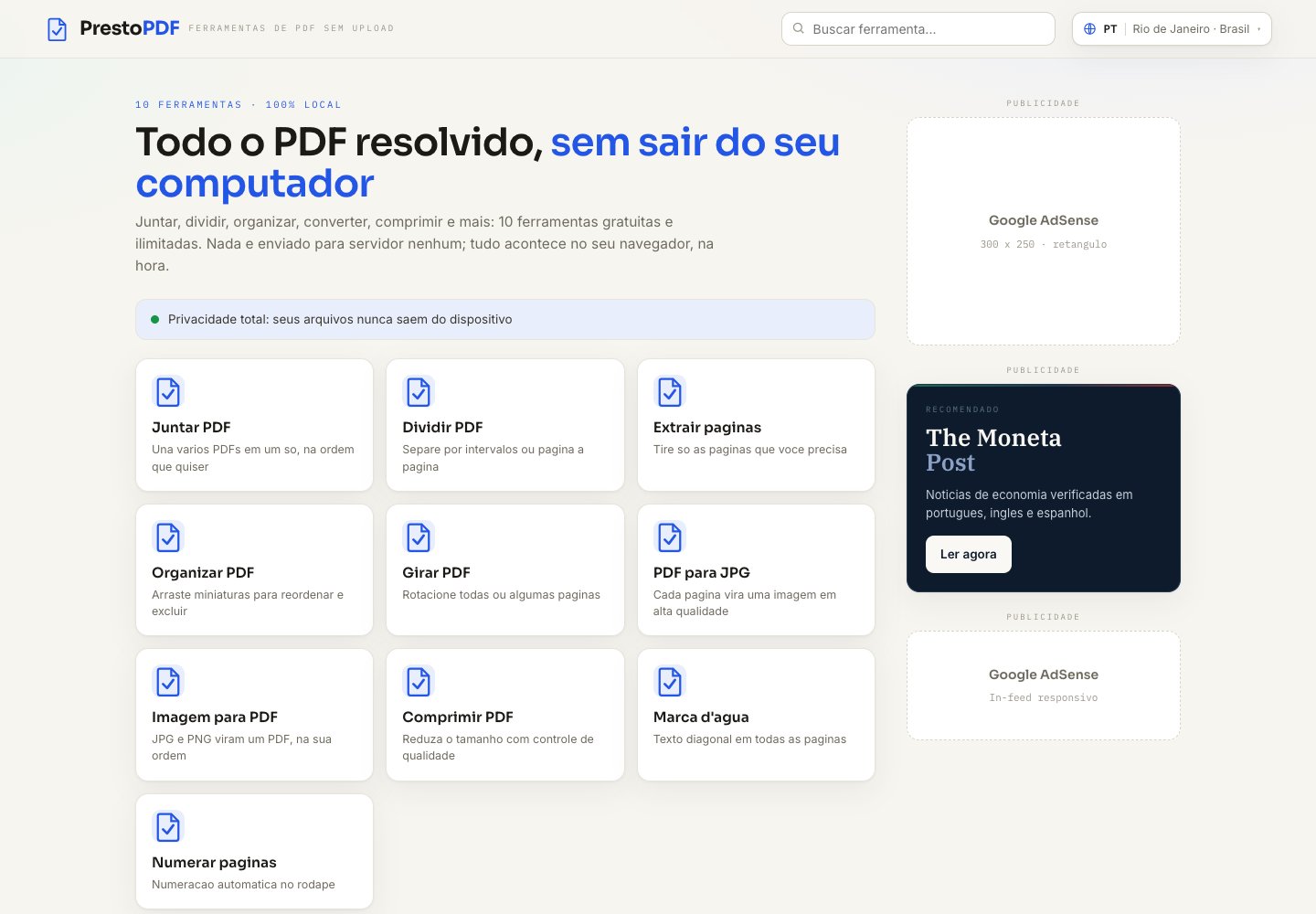 Página inicial do Presto PDF com a grade das dez ferramentas, o aviso de privacidade e espaços reservados para anúncios na lateral.