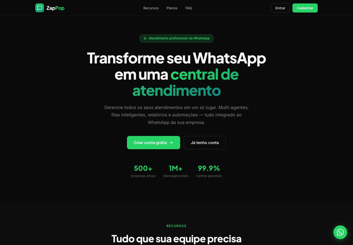 Site de apresentação do ZapPop, com chamada para centralizar atendimentos via WhatsApp